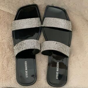 Steve Madden Women’s Slip-On Black and Silver Embellished Sandals, Size 8